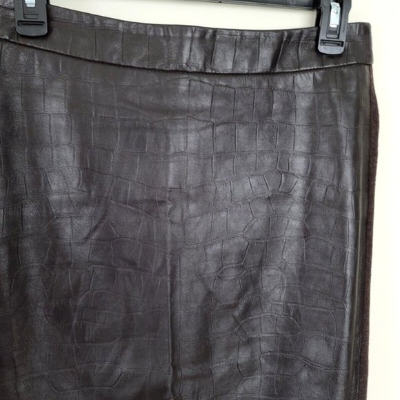 Max Mara Dark Brown Knee Length Wool Croc Embossed Leather Pencil Skirt 6 Small - Picture 2 of 8